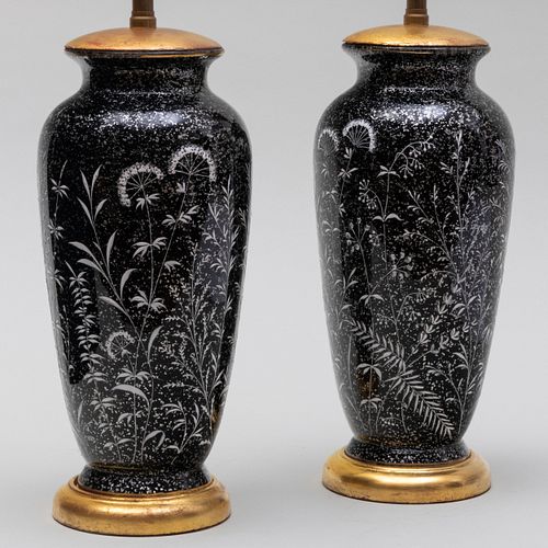 Pair of Napoleon III Black Enameled Glass Baluster Vases Mounted as Lamps 