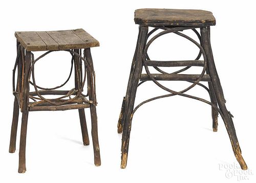Two Adirondack twig stands, ca. 1900, 19'' h. and 22 1/2'' h.