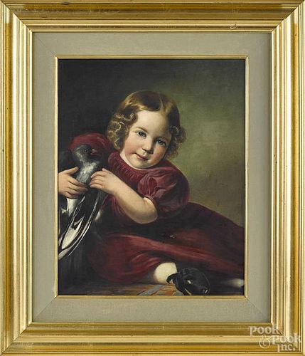 Oil on canvas portrait, 20th c., of a young girl holding a pigeon, 20'' x 16''.