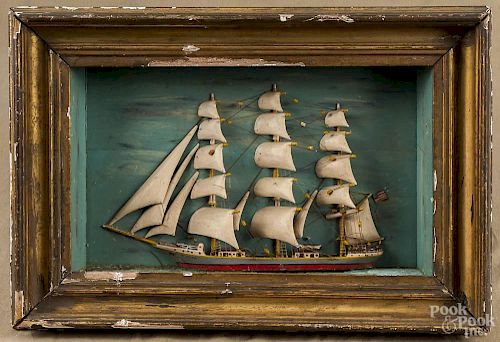 Painted ship diorama, 19th c., with the American sail ship W. Anna, 18'' x 10 1/2''.
