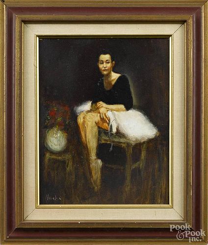 Oil on board portrait of a ballerina, 20th c., signed Llewelyn in lower left, 9 1/2'' x 7 1/2''.