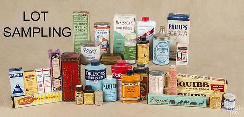 Large group of dental related advertising tins, 20th c., together with 16 porcelain toothpaste jars.