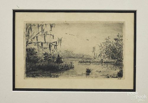 Frederick W. Harer, two etchings, one of a harbor, signed upper left, numbered 14/200 on verso