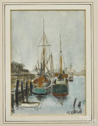 Three watercolor harbor scenes, signed M. Ellis