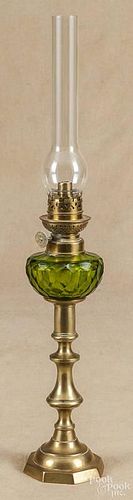 Brass and emerald green peg lamp, 19th c., 20'' h.