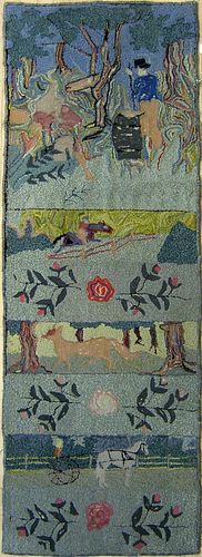 Hooked rug with figures and animals, 7' 2" x 2' 6"