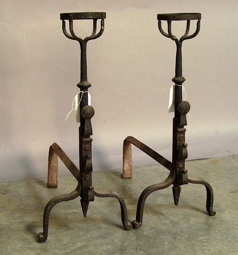 Pair of cast iron andirons, early 20th c., 28" h.