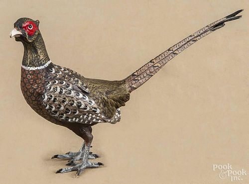 Cold painted bronze pheasant, early 20th c., 6'' h.