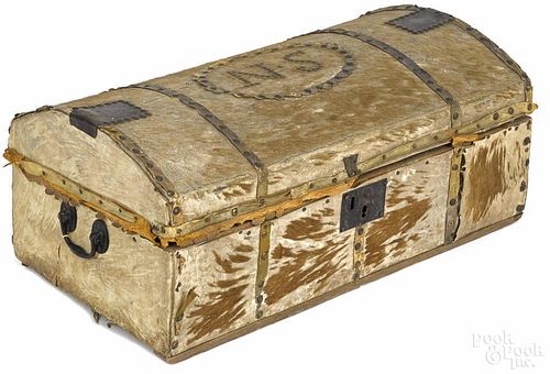New York hide covered box, dated 1816, with brass tack decoration, bearing the original label