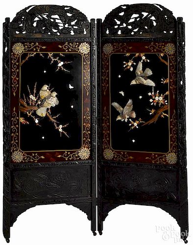 Chinese carved and ebonized dressing screen, 20th c., with applied birds, 64'' h., 57'' w.