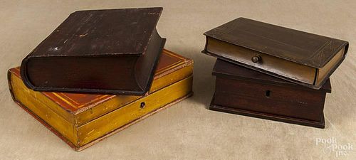 Four book-form boxes, 19th c., two with drawers, one with an orange and black painted surface
