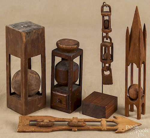 Five carved sailor wooden whimseys, 19th c., to include one with a drawer, tallest - 12 3/4''.