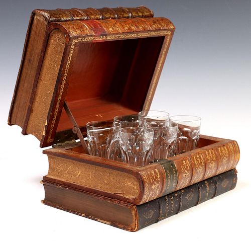 FRENCH LEATHER BOOK FORM BOX & BACCARAT TUMBLERS