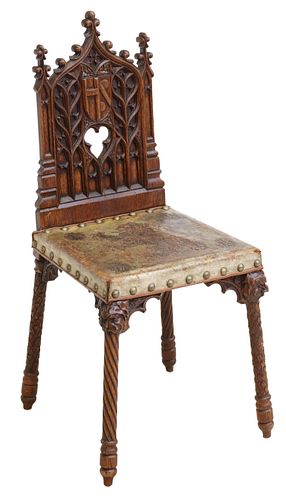 FRENCH CARVED GOTHIC REVIVAL OAK & LEATHER CHAIR
