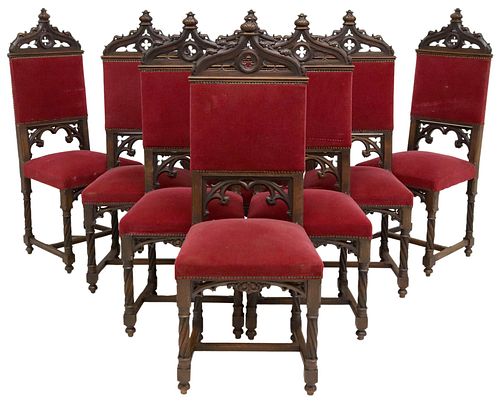 (8) FRENCH GOTHIC REVIVAL CARVED SIDE CHAIRS