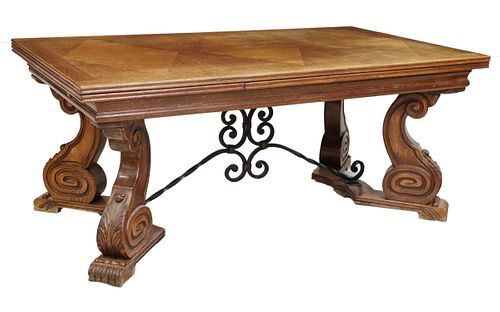 FRENCH OAK DRAW-LEAF TABLE WITH IRON STRETCHERS