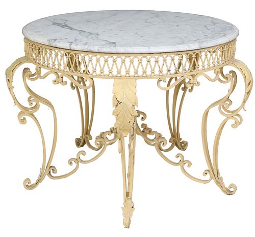 PAINTED WROUGHT IRON CENTER TABLE WITH MARBLE TOP