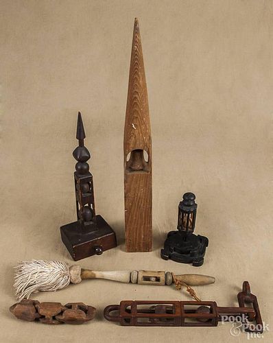 Six carved wooden sailor whimseys, 19th c., including a dish mop, tallest - 19 1/2''.