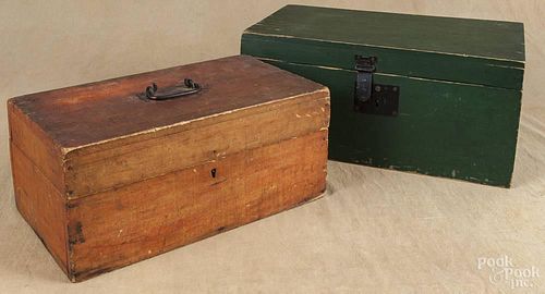 Two New England painted pine document boxes, 19th c., one retaining its original green surface