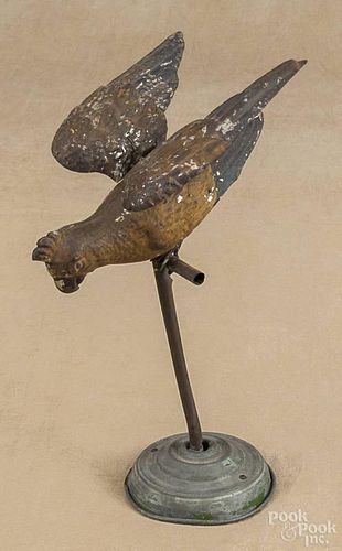 German painted tin articulated parrot on a perch, 19th c., probably Gunthermann, 10 3/4'' h.