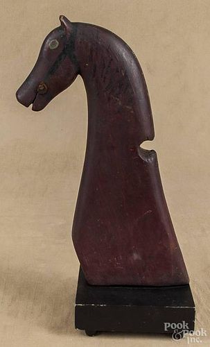 Carved and painted horse head toy fragment, 19th c., 17'' h.