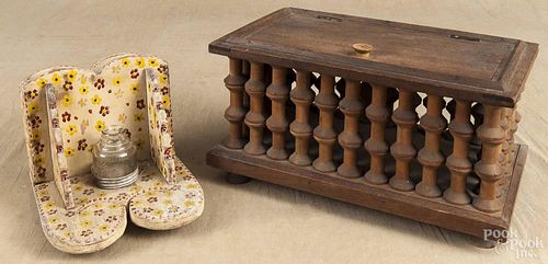 Walnut sewing box, late 19th c., made from spools, 7 3/4'' h., 15'' w., together with a painted desk