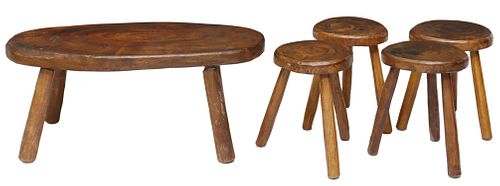 (5) FRENCH RUSTIC BURLWOOD COFFEE TABLE & STOOLS