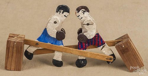 Painted pine cutout boxing push toy, 20th c., 13'' w.