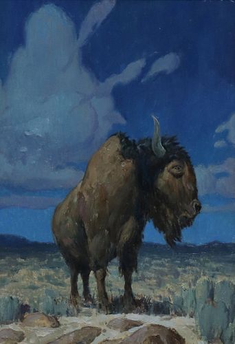 ERIC BOWMAN (B.1960) OIL PAINTING BISON, 17" X 12"