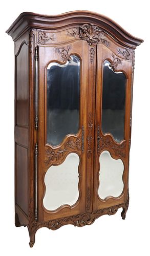 LARGE FRENCH PROVINCIAL WALNUT MIRRORED ARMOIRE