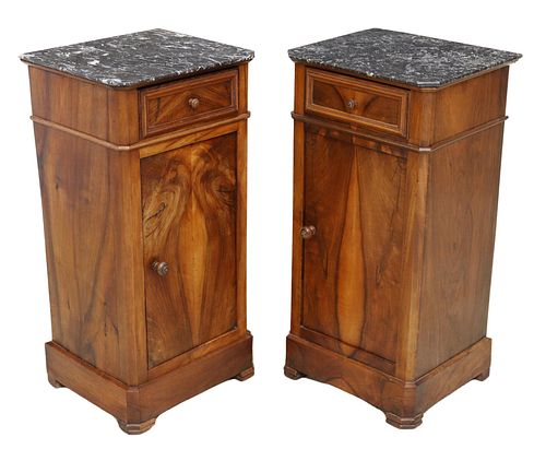 (2) FRENCH MARBLE-TOP WALNUT BEDSIDE CABINETS