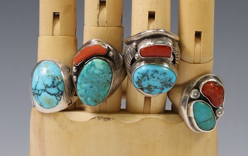 (4) NATIVE AMERICAN SILVER TURQUOISE & CORAL RINGS