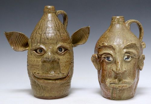 (2) FACE JUGS BY KEVIN HANEY, RED DOG POTTERY