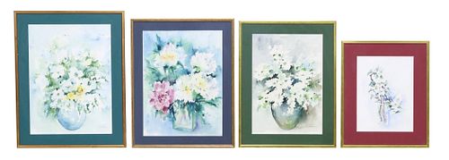 (4) SIGNED FRENCH WATERCOLOR PAINTINGS FLOWERS
