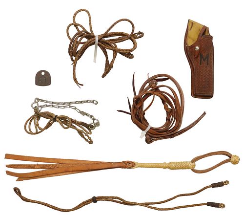 (7) RANCH ITEMS, LEATHER QUIRT, REINS, HOLSTER