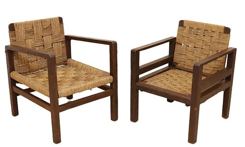(2) FRENCH MODERN WOVEN CORD ARMCHAIRS