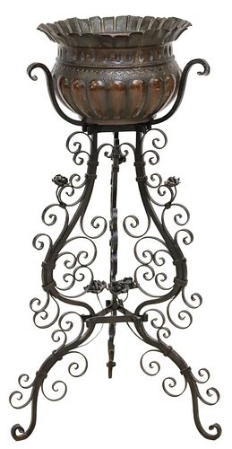 ITALIAN COPPER PLANTER ON WROUGHT IRON STAND