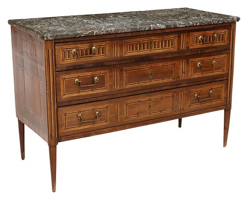 FRENCH LOUIS XVI MARBLE-TOP PARQUETRY COMMODE