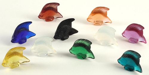 (10) FRENCH LALIQUE GLASS FISH SCULPTURES, 2"H