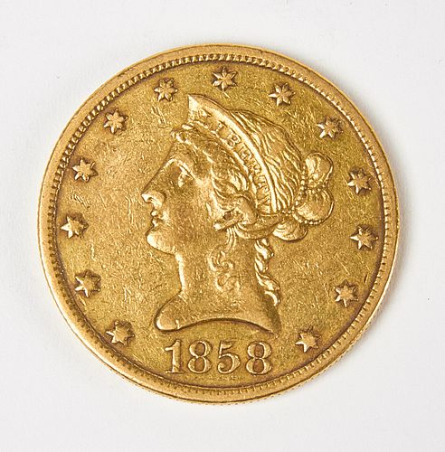 1858-O Ten Dollar Gold Liberty Coin, VF, Raw 