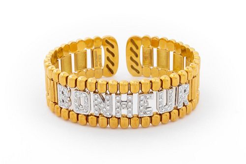 Italian "BONHEUR" 18K Yellow Gold Diamond Cuff