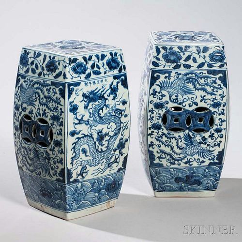 Pair of Small Blue and White Garden Seats 青花龍鳳紋方噸一對
