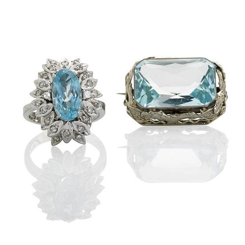 AQUAMARINE 18K WHITE GOLD RING AND BROOCH