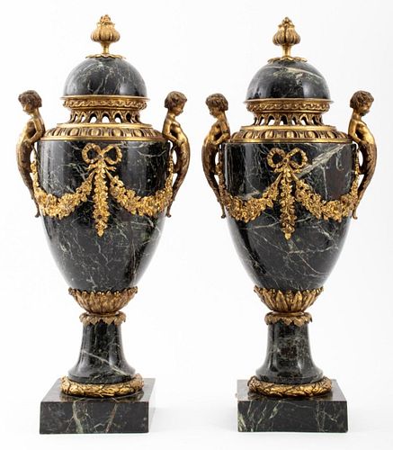 Louis XVI Style Mounted Marble Covered Urns, Pair