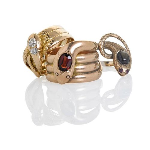 THREE VICTORIAN JEWELED GOLD SERPENT RINGS