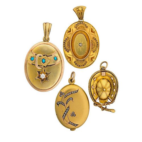 FOUR VICTORIAN OR ART NOUVEAU YELLOW GOLD LOCKETS