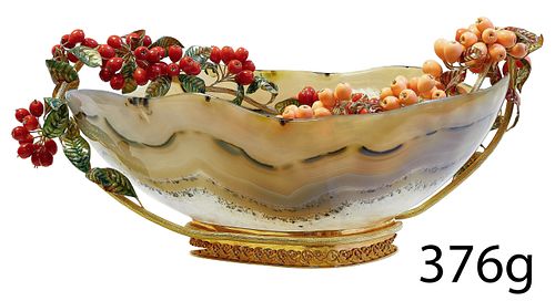 MAGNIFICANT 18-ct GOLD, AGATE, ENAMEL AND CORAL CENTERPIECE