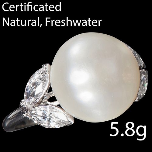 MAGNIFICENT NATURAL FRESHWATER PEARL AND DIAMOND RING