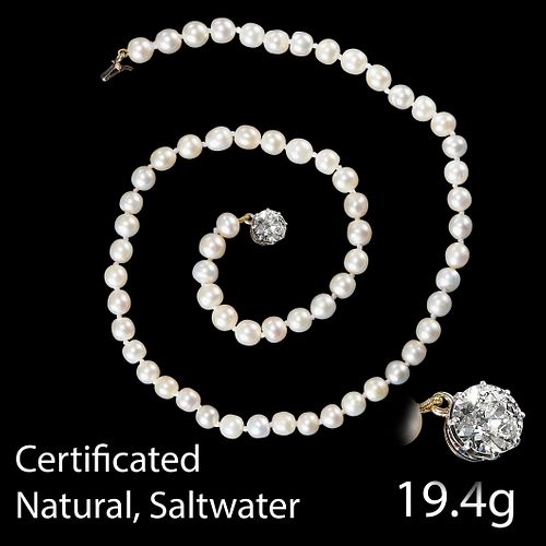 MAGNIFICENT CERTIFICATED SINGLE STRAND PEARL NECKLACE WITH A DIAMOND CLASP.