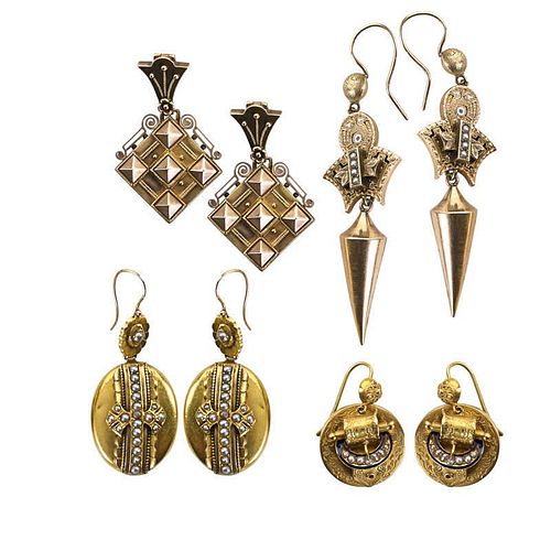 FOUR PAIRS ELABORATE VICTORIAN GOLD EARRINGS